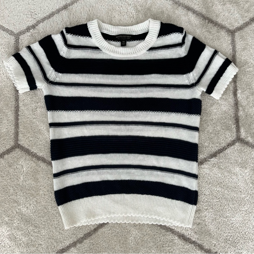 Banana Republic Striped Italian Linen Knit Woven Short Sleeve Sweater Sz XS